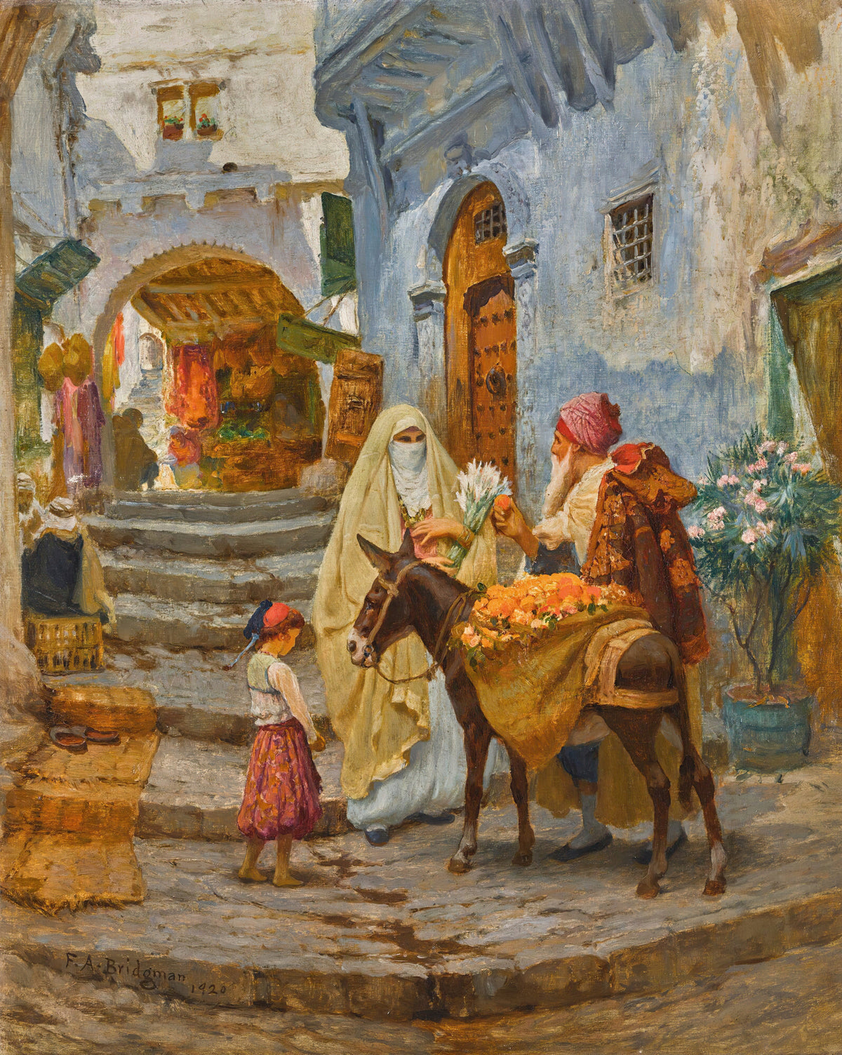 The Orange Seller by Frederick Arthur Bridgman — An orange seller and his laden donkey pause on a blue-washed street