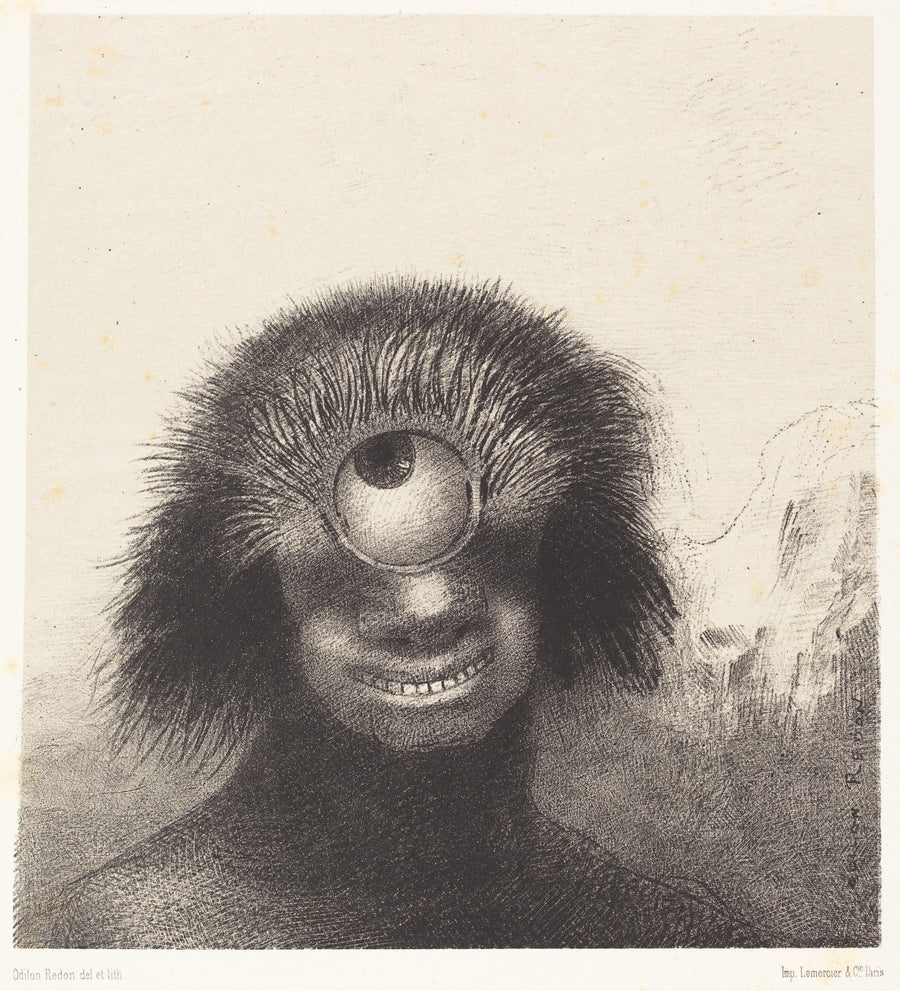Odilon Redon — The Origins: The Misshapen Polyp Floated on the Shores | Symbolist Art Print shown to scale on a wall above a sofa