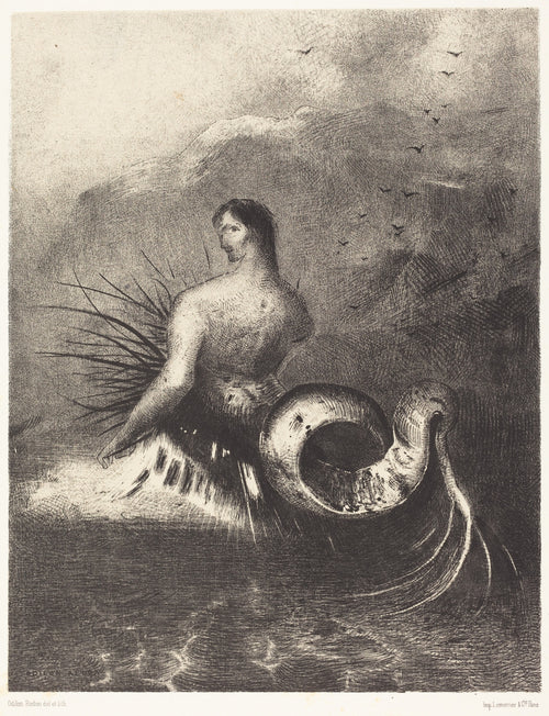 The Origins: The Siren, Clothed in Barbs, Emerged from the Waves by Odilon Redon — A long-haired siren rises from the sea on a coiled tail