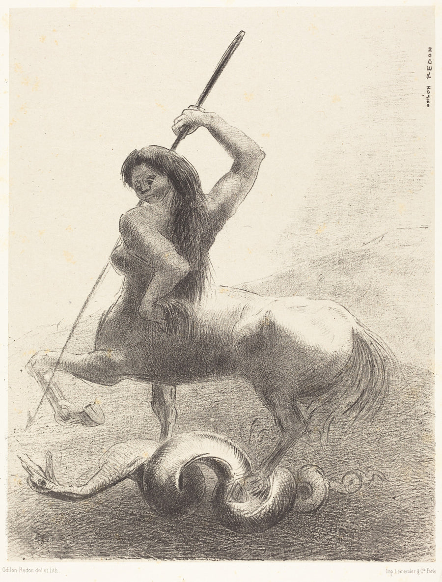 Odilon Redon — The Origins: There Were Struggles and Vain Victories | Symbolist Art Print shown to scale on a wall above a sofa
