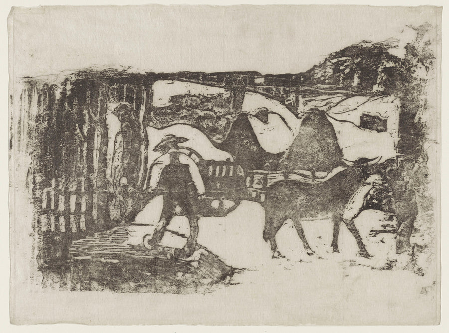 Paul Gauguin — The Ox Cart (Le Char à boeufs) | Woodcut Print shown to scale on a wall above a sofa