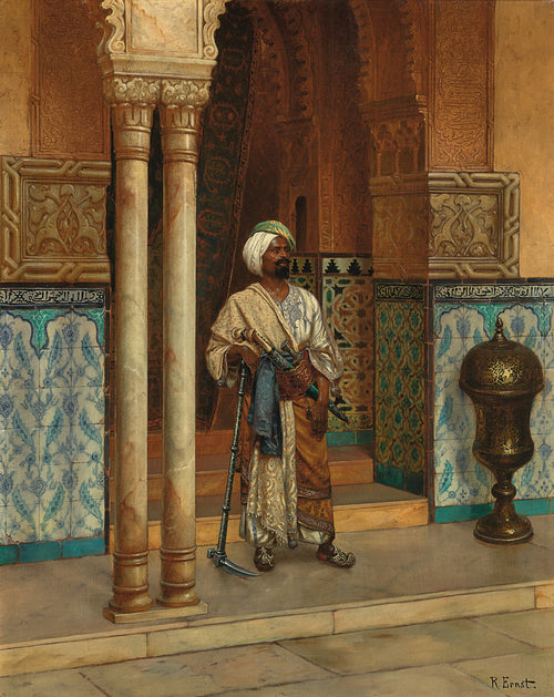 The Palace Guard by Rudolf Ernst — A turbaned guard leans on a long axe beneath a carved arcade