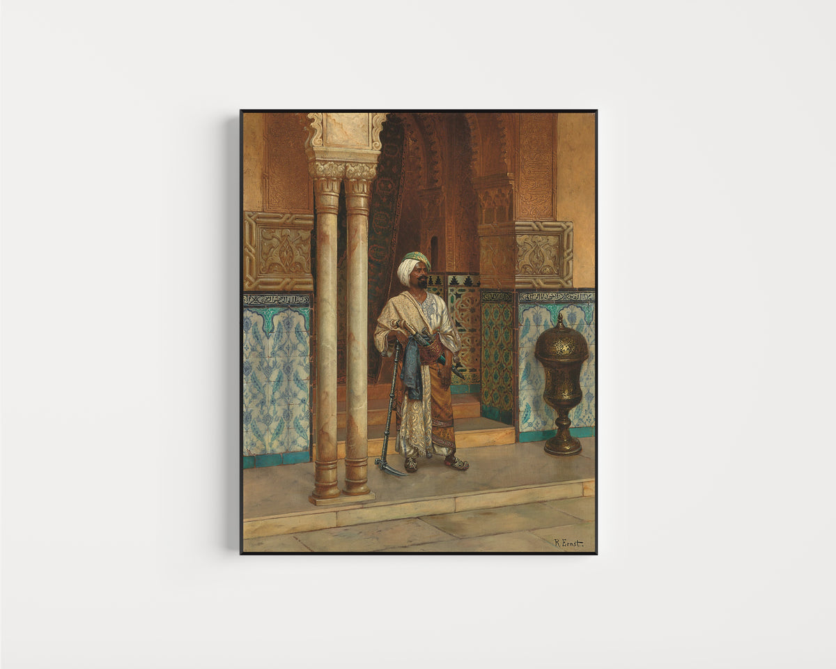 Framed art print of The Palace Guard by Rudolf Ernst, in a slim black frame on a plain white wall