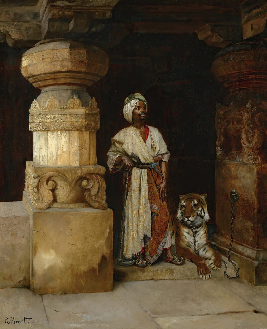 Rudolf Ernst — The Palace Guard (with tiger) | Art Print shown to scale on a wall above a sofa