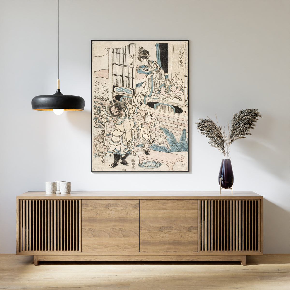 Framed art print of The Palace of King Zhou of China by Katsushika Hokusai, above a slatted wood sideboard