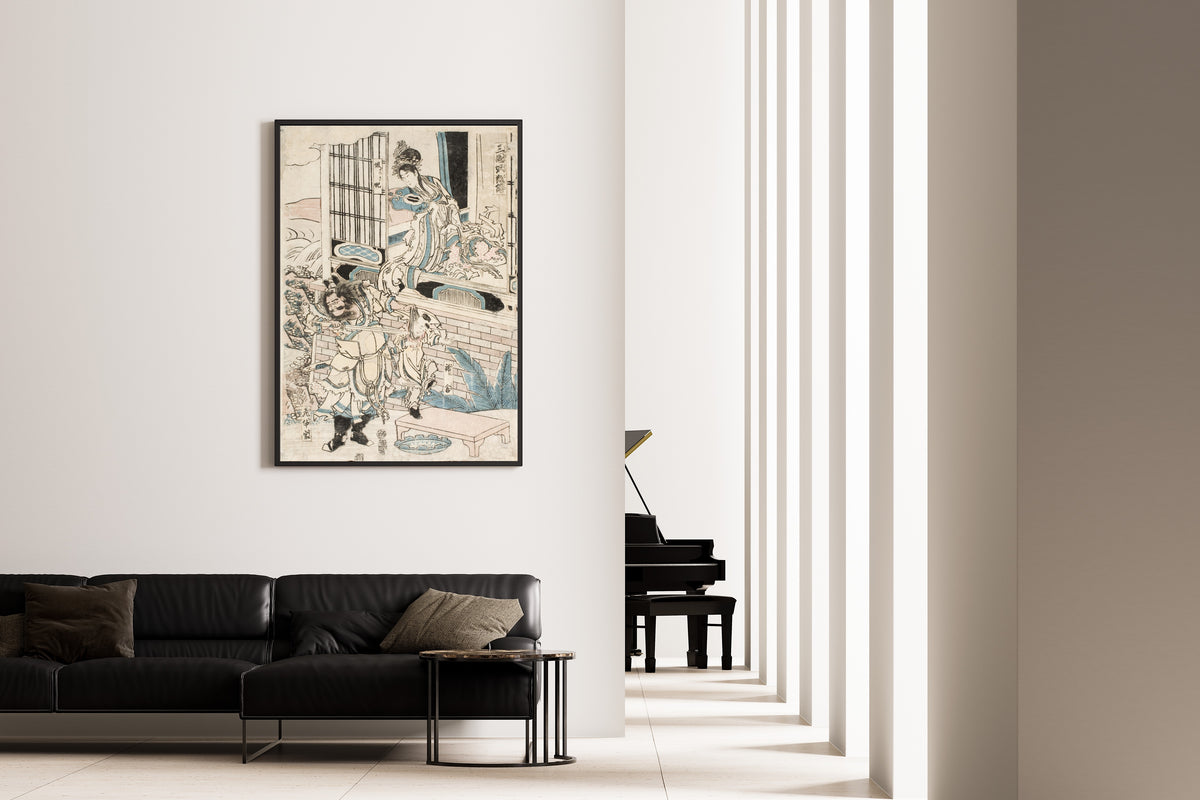 Framed art print of The Palace of King Zhou of China by Katsushika Hokusai, on the wall of a minimal living room