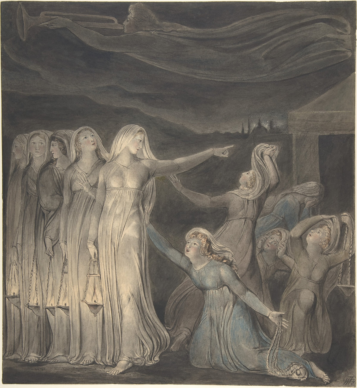 The Parable of the Wise and Foolish Virgins by William Blake — An angel sounds a trumpet as five women lift their lamps in the night