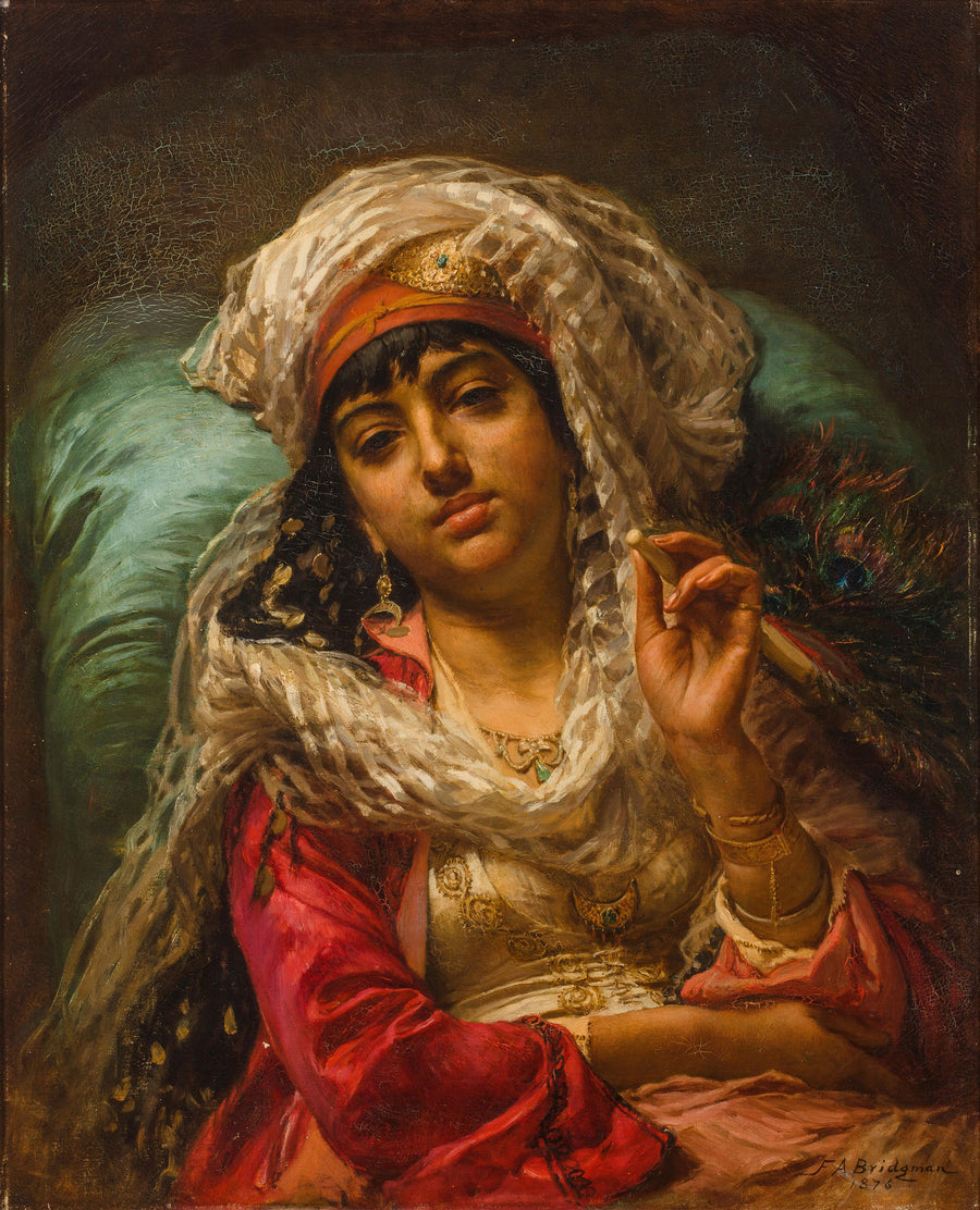 Frederick Arthur Bridgman — The Peacock Fan | Art Print shown to scale on a wall above a sofa