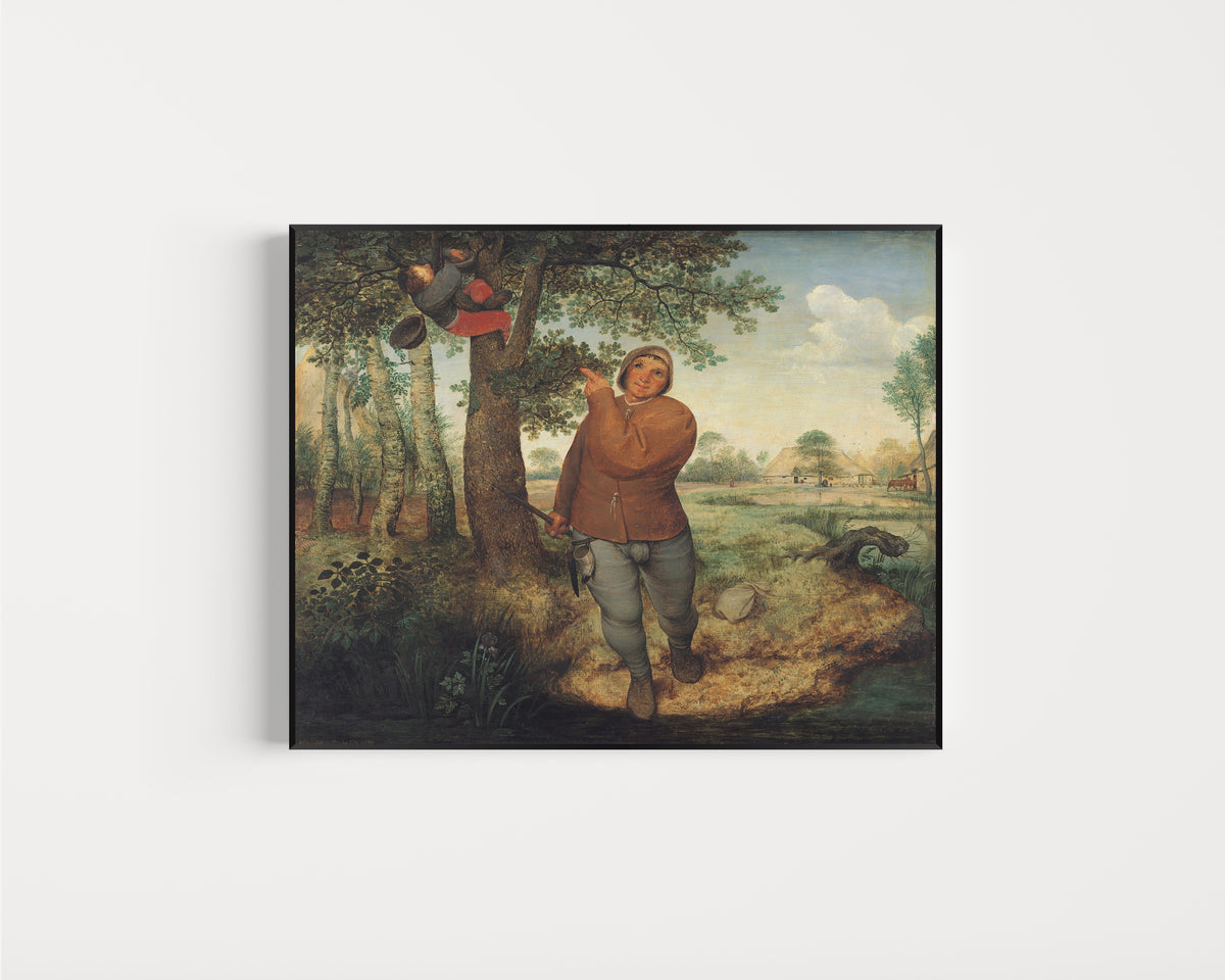Framed art print of The Peasant and the Nest Robber by Pieter Bruegel the Elder, in a slim black frame on a plain white wall