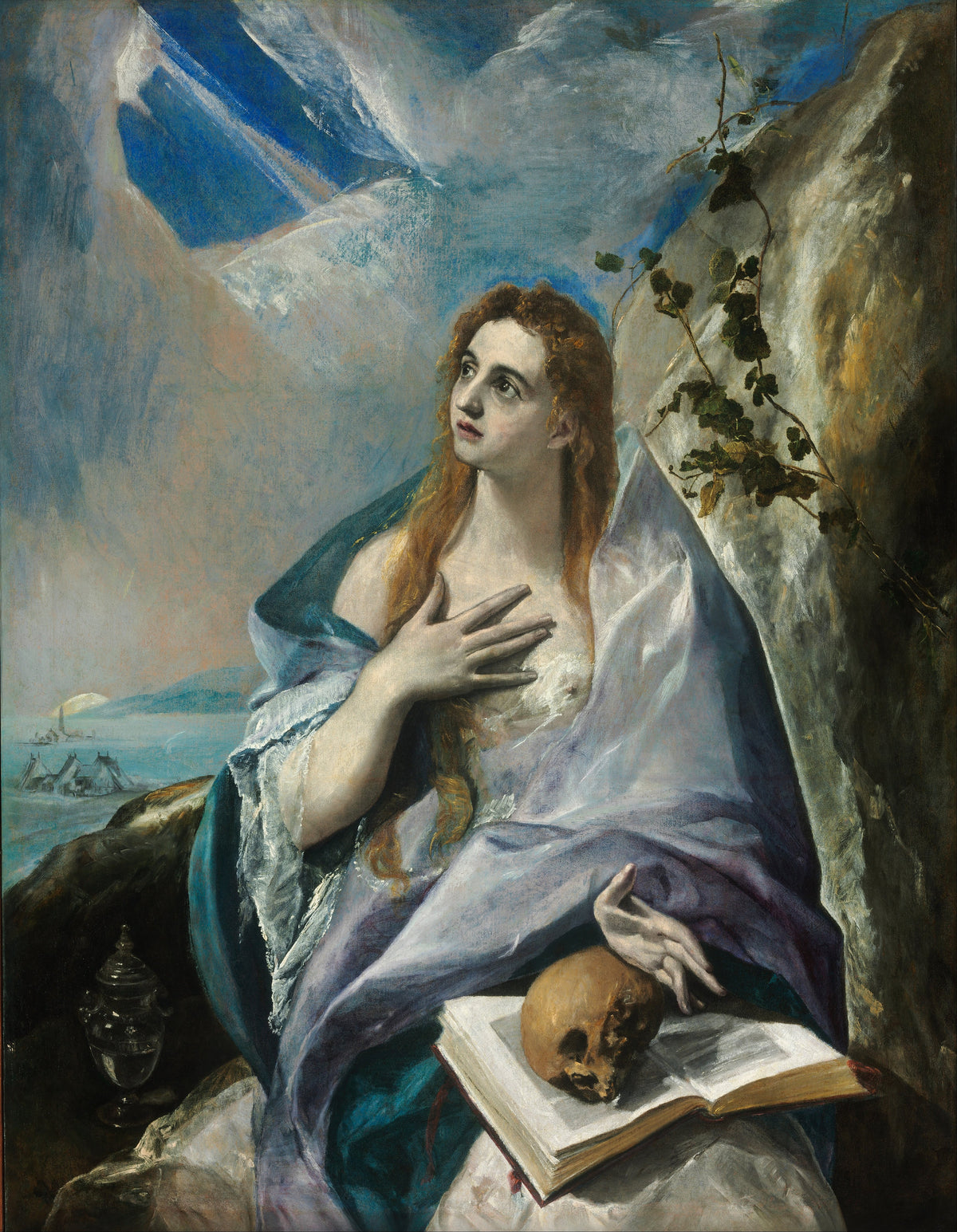 The Penitent Magdalene by El Greco — A woman with long auburn hair looks upward, hand pressed to her chest