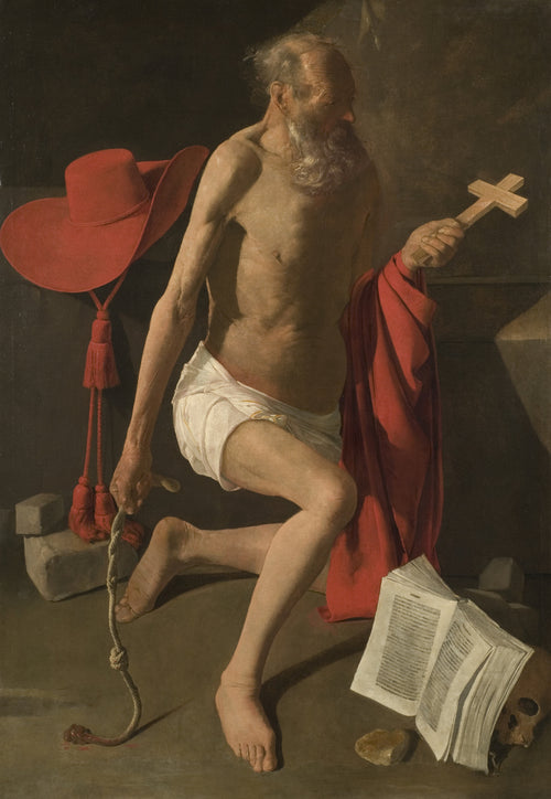 The Penitent St Jerome by Georges de La Tour — A gaunt, white-bearded saint raises a cross beside a skull and book