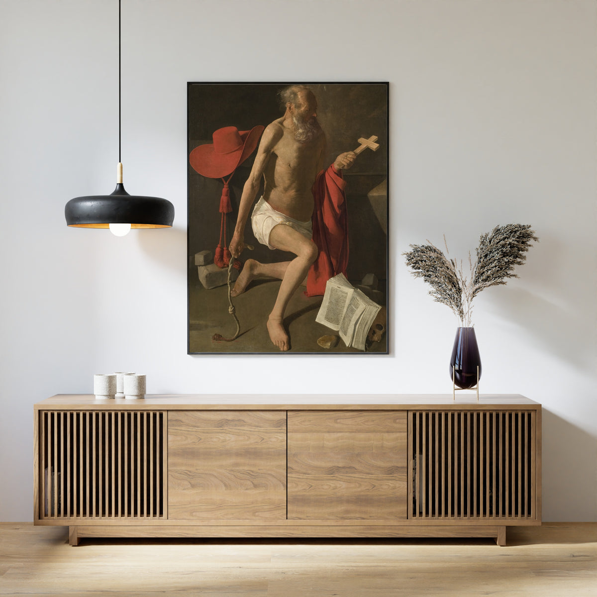 Framed art print of The Penitent St Jerome by Georges de La Tour, above a slatted wood sideboard