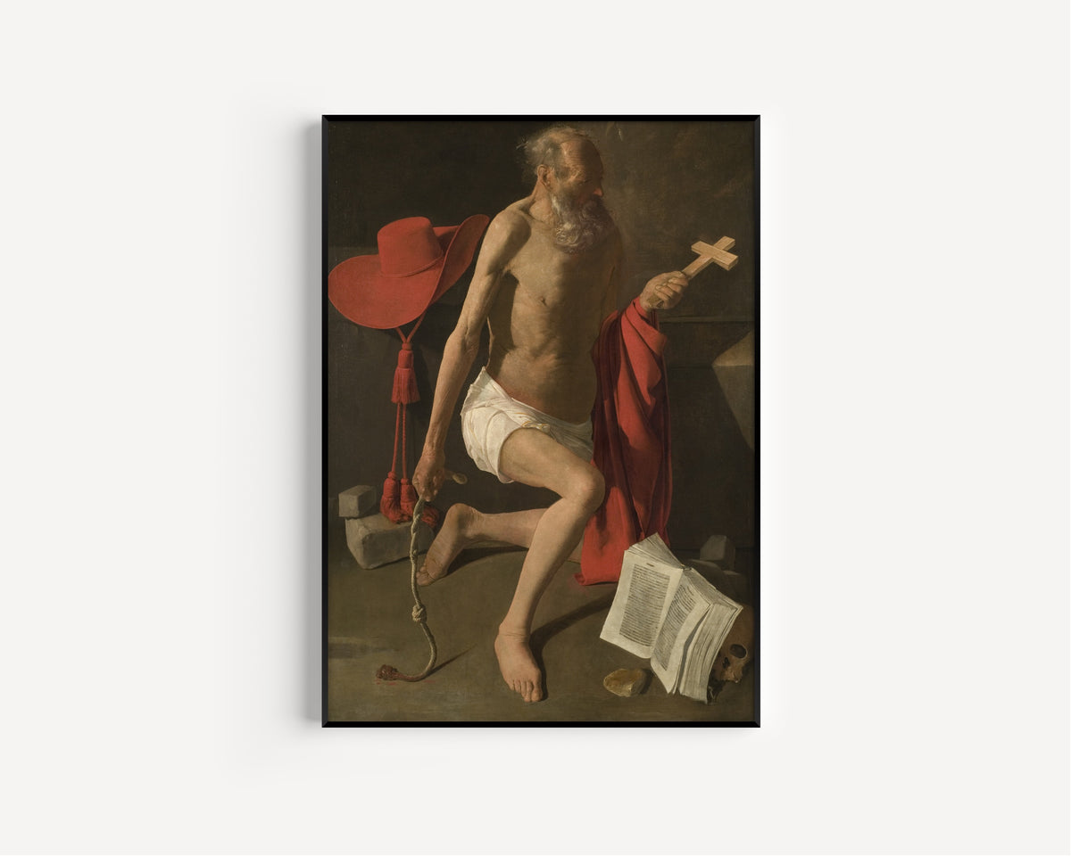 Framed art print of The Penitent St Jerome by Georges de La Tour, in a slim black frame on a plain white wall