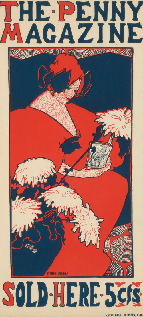 The Penny Magazine by Ethel Reed — A woman in a red gown reads a magazine behind white chrysanthemums