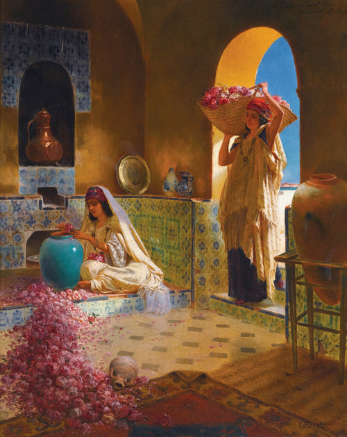 The Perfume Makers by Rudolf Ernst — Two women gather rose petals in a sunlit tiled room