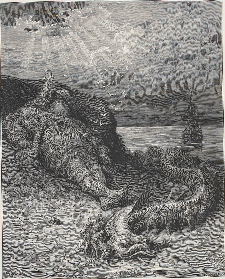 Gustave Doré — The Physeter Brought Ashore | Wood Engraving Print shown to scale on a wall above a sofa