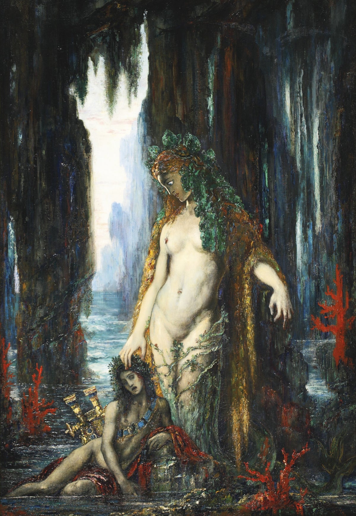 The Poet and the Siren by Gustave Moreau — A siren crowned with seaweed rests her hand on a fallen poet's head