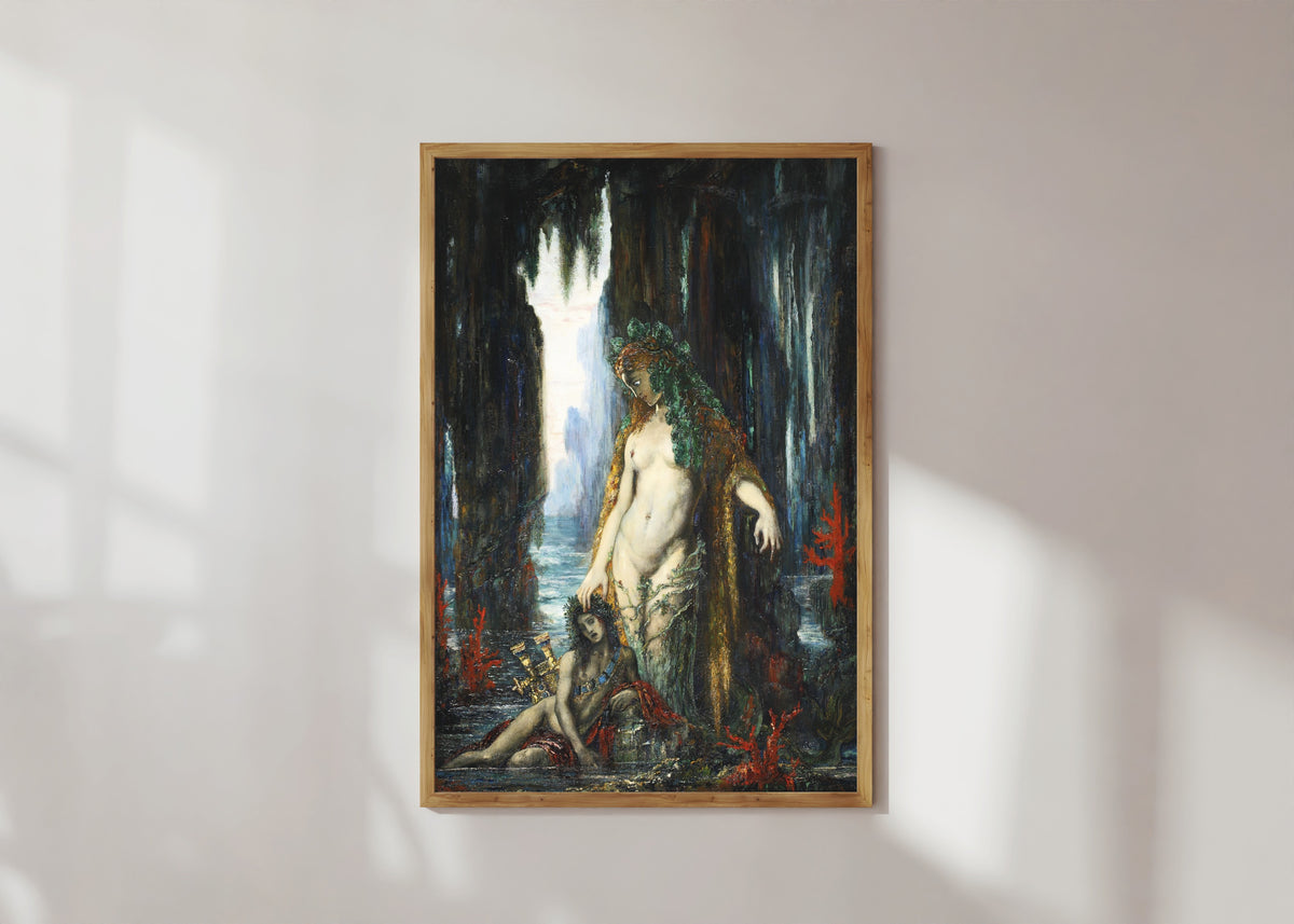 Framed art print of The Poet and the Siren by Gustave Moreau, in a light wood frame on a sunlit white wall