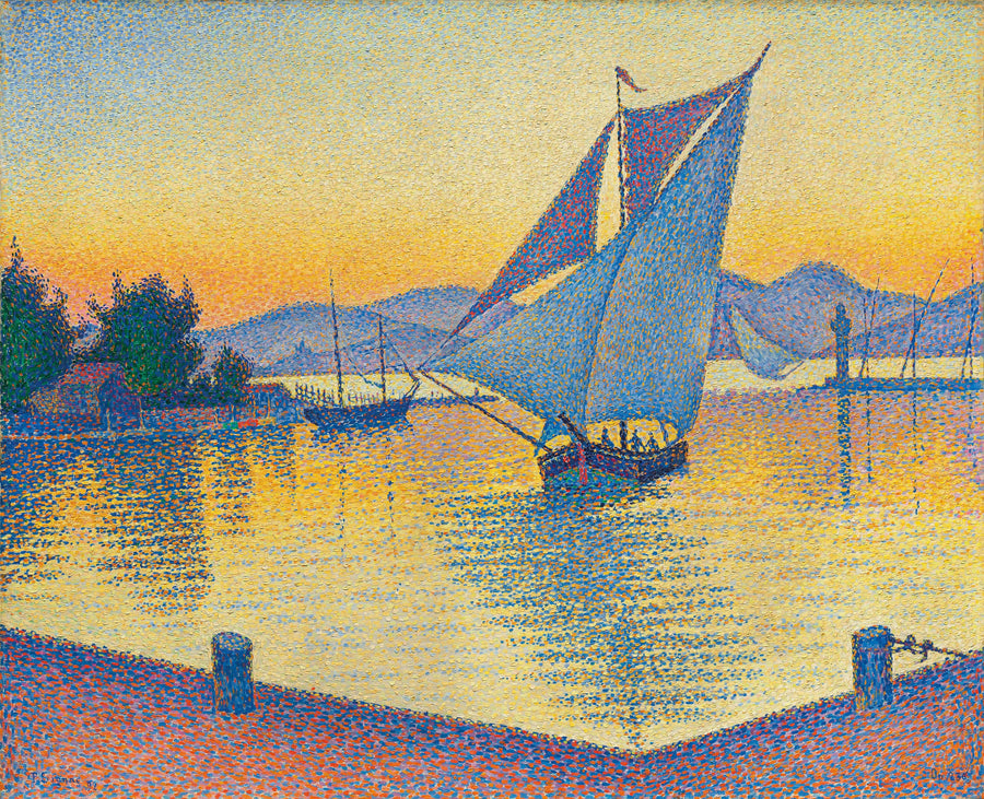 Paul Signac — The Port at Sunset, Opus 236, Saint-Tropez | Fine Art Print shown to scale on a wall above a sofa