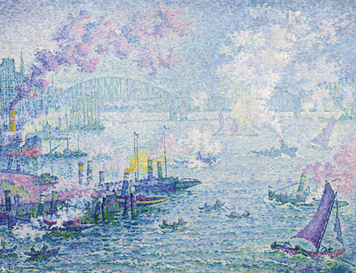 The Port of Rotterdam by Paul Signac — Steamboats, rowing boats and a violet sail below a hazy steel bridge