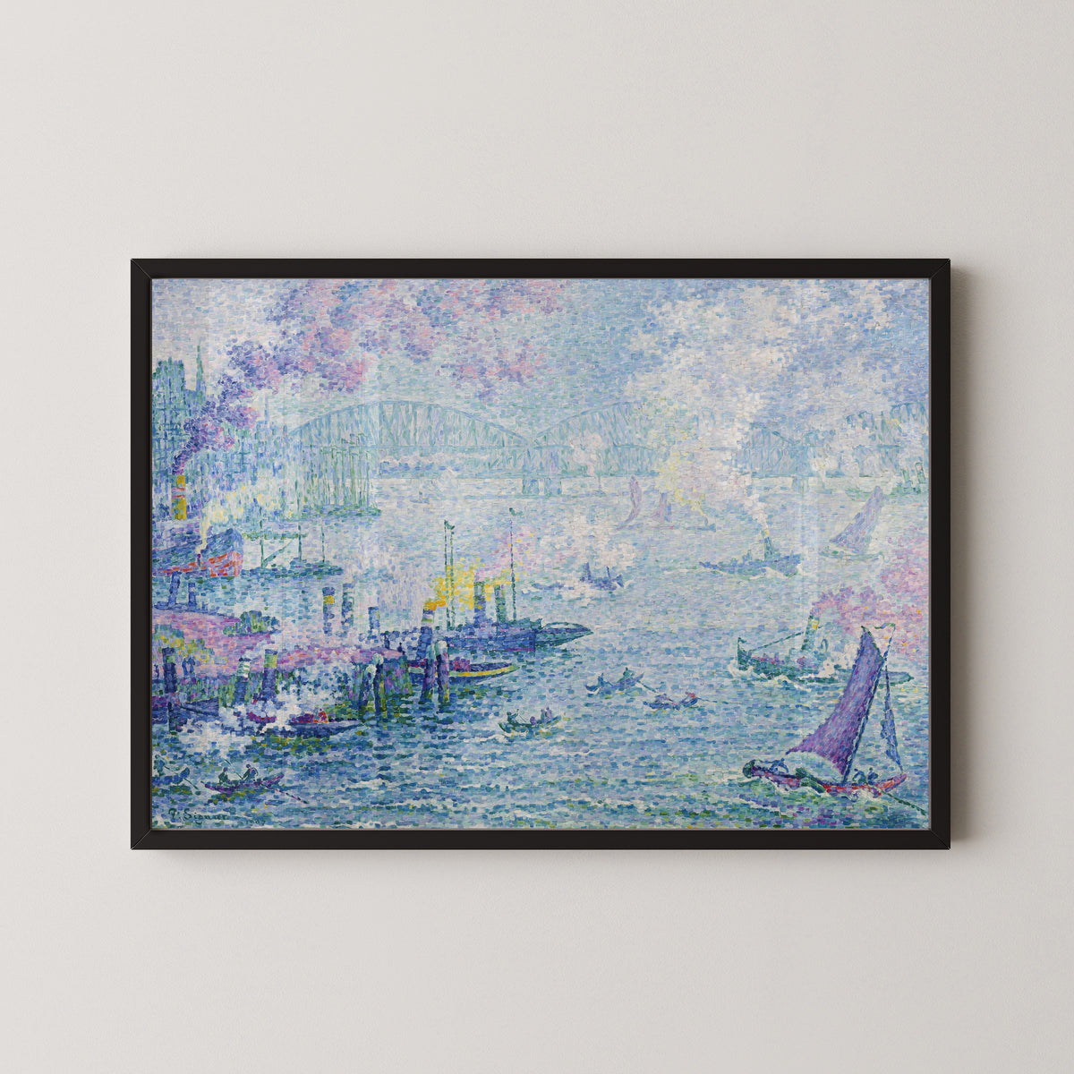 Framed art print of The Port of Rotterdam by Paul Signac, in a black frame on a pale wall