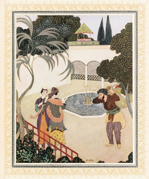 The Porter and the Ladies by Edmund Dulac — Two women and a bearded porter meet beside a garden fountain