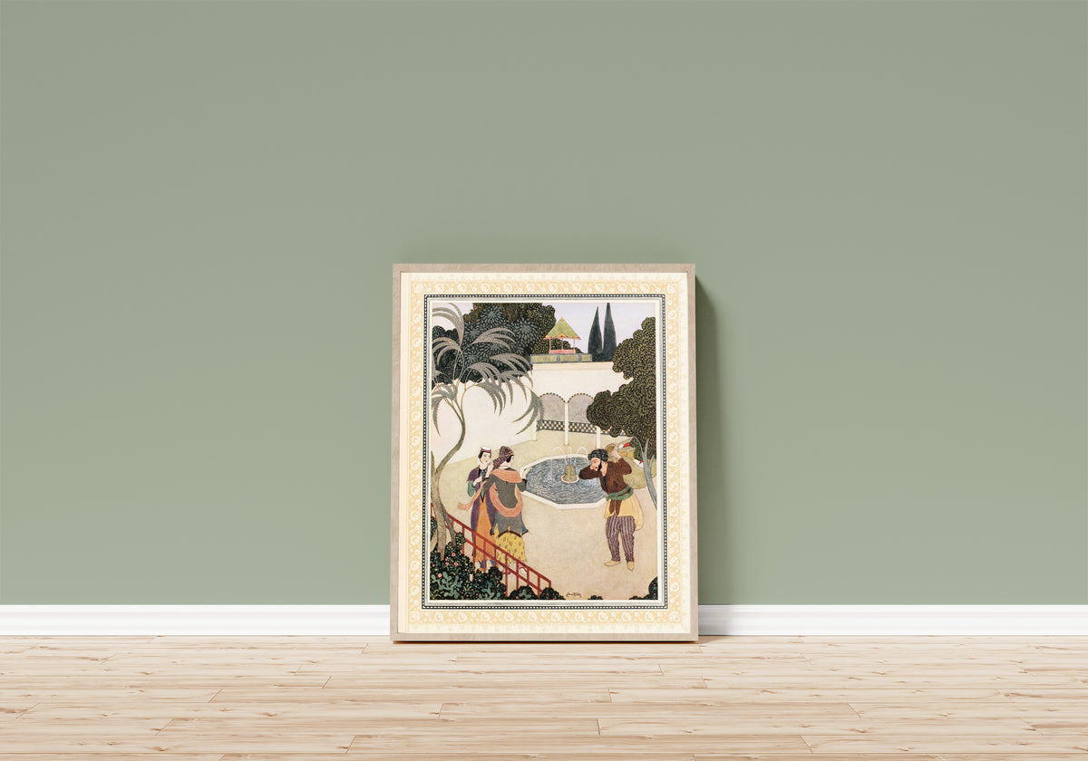 Framed art print of The Porter and the Ladies by Edmund Dulac, in a light wood frame leaning on a sage green wall above a wooden floor