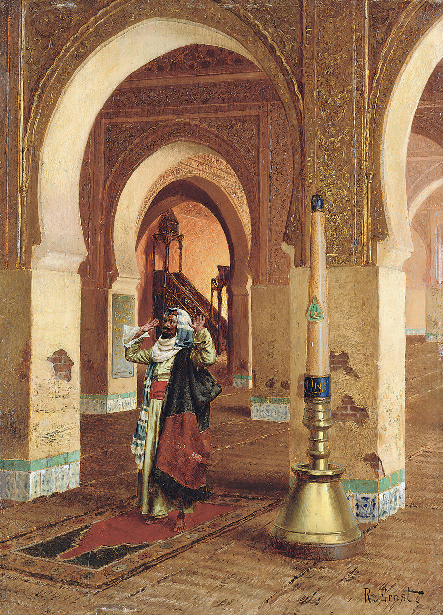 Rudolf Ernst — The Prayer | Art Print shown to scale on a wall above a sofa