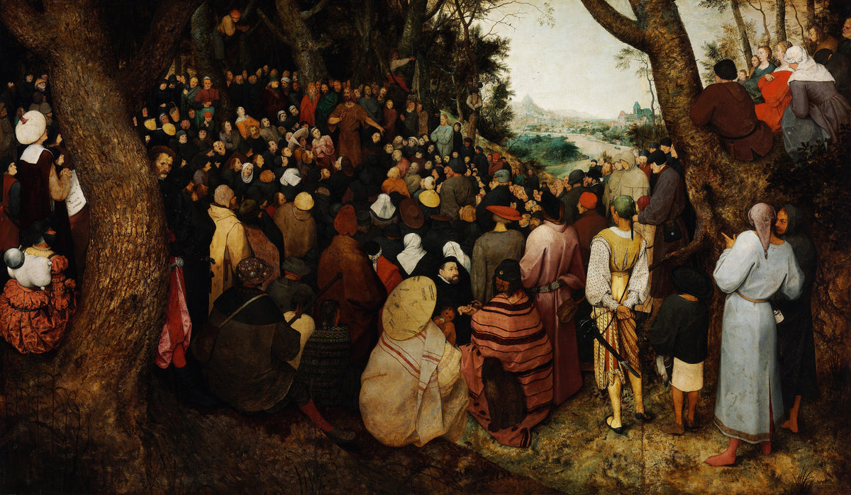 The Preaching of Saint John the Baptist by Pieter Bruegel the Elder — A crowd listens to a preacher in a wooded valley
