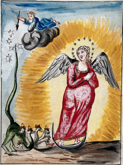 The Pregnant Virgin Mary with a Dragon at Her Feet by After Nicolas Flamel — A winged woman in red stands on a crescent above a many-headed dragon