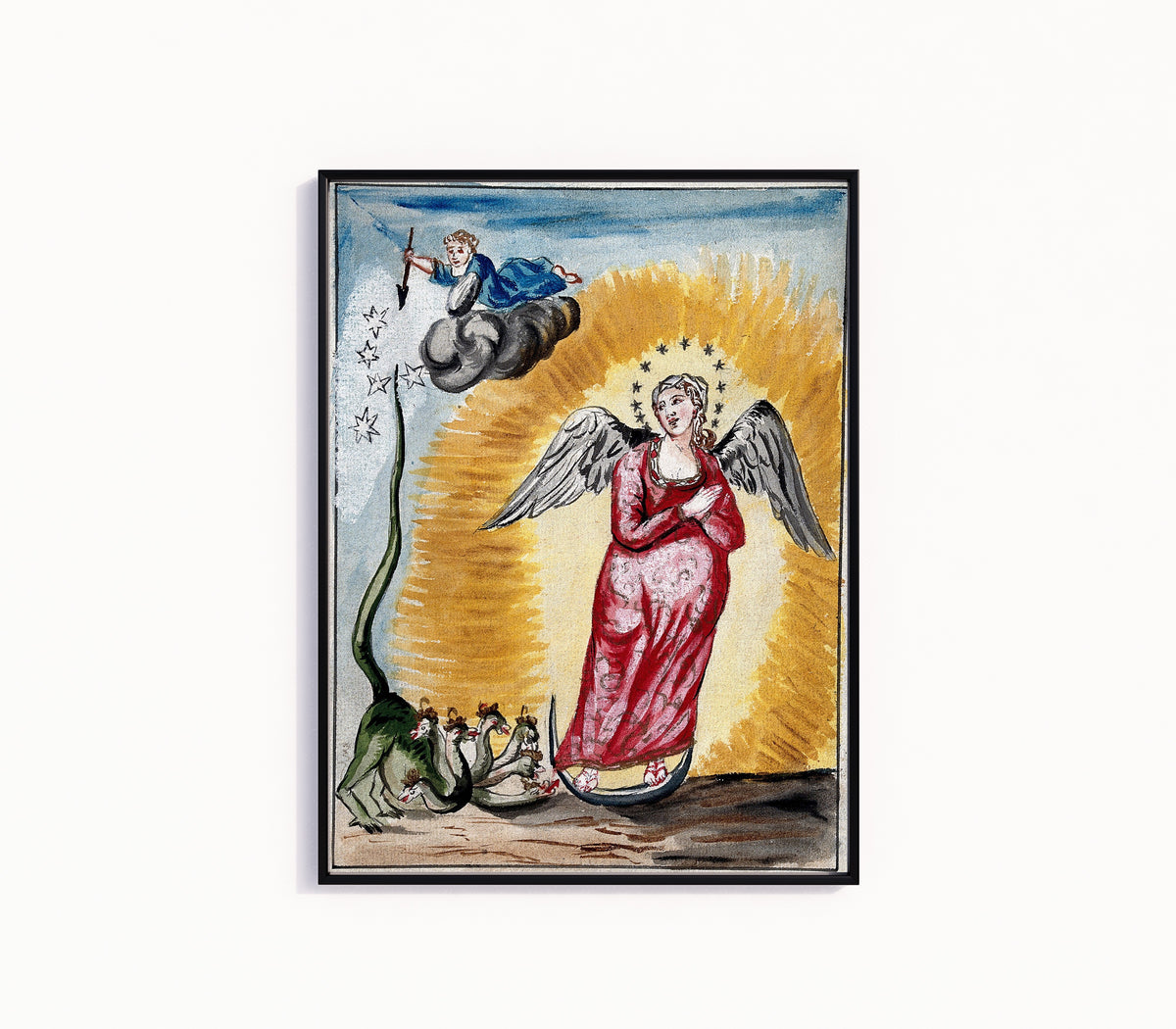 Framed art print of The Pregnant Virgin Mary with a Dragon at Her Feet by After Nicolas Flamel, in a slim black frame on a plain white wall