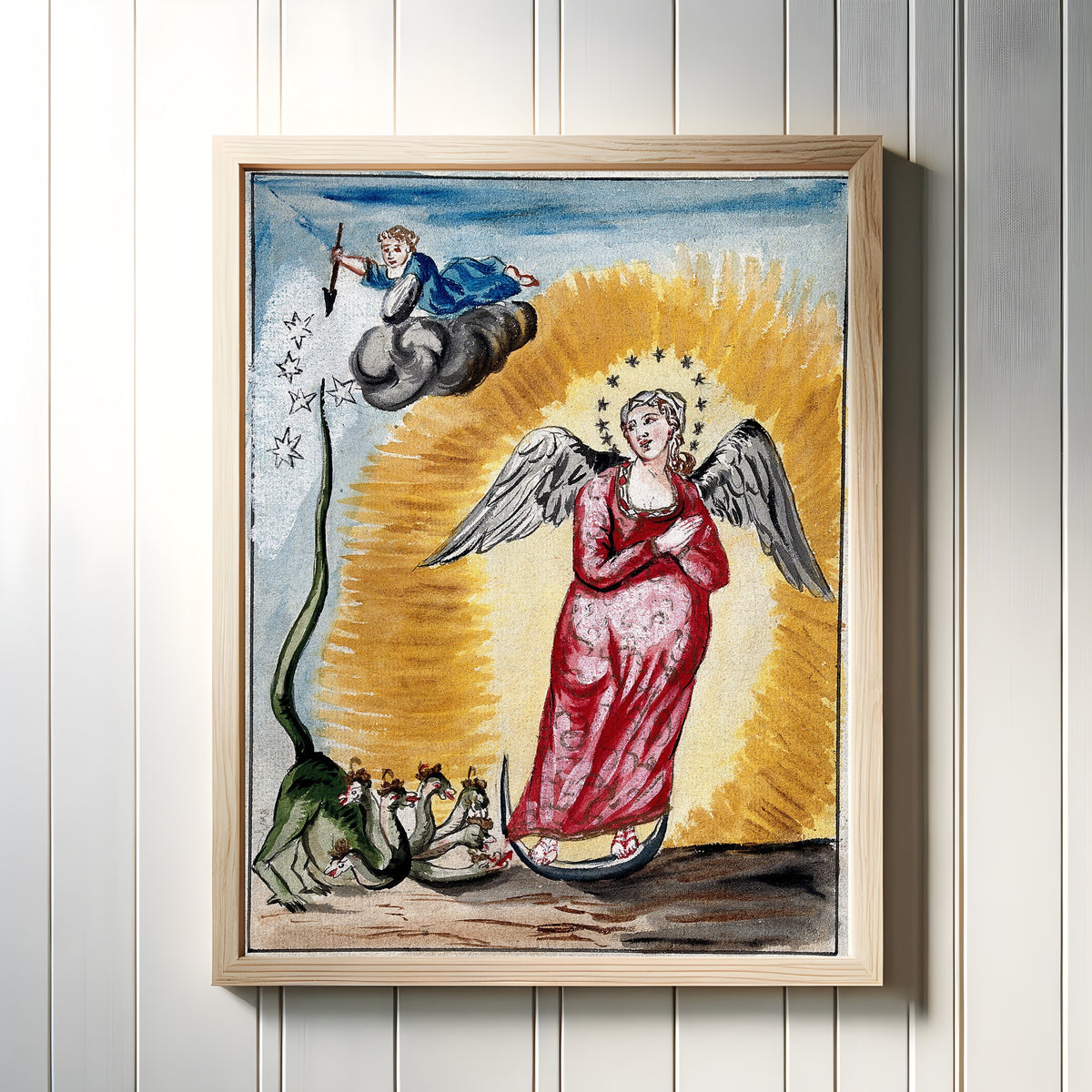 Framed art print of The Pregnant Virgin Mary with a Dragon at Her Feet by After Nicolas Flamel, in a light wood frame on a white panelled wall