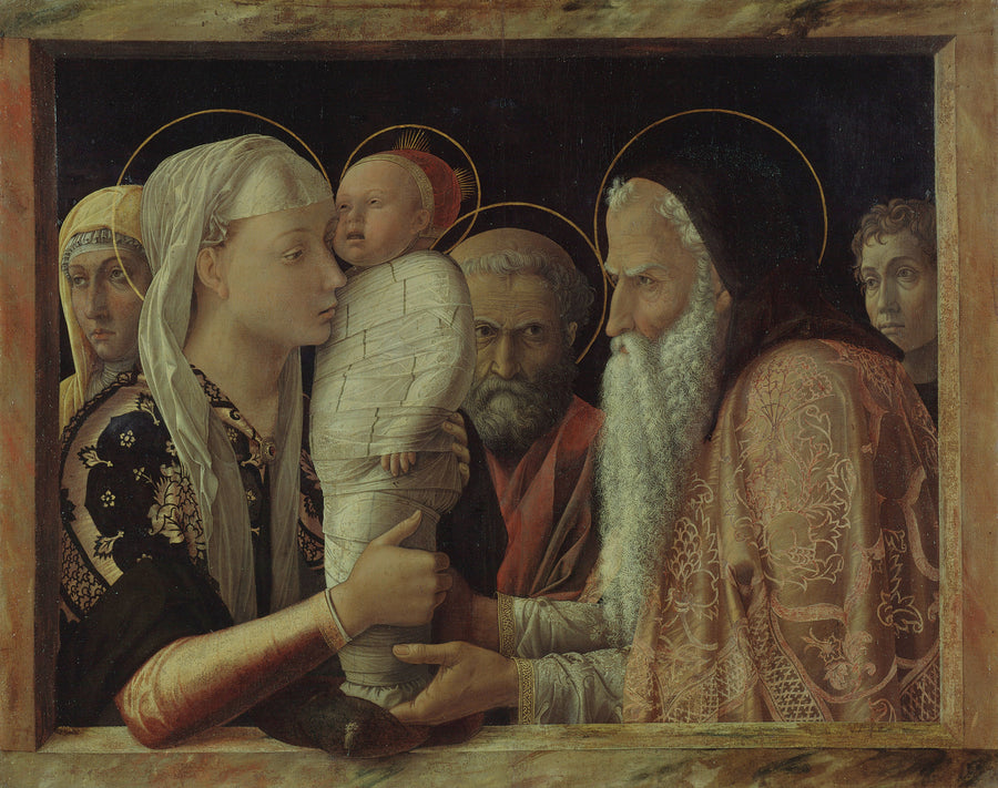 Andrea Mantegna — The Presentation | Fine Art Print shown to scale on a wall above a sofa
