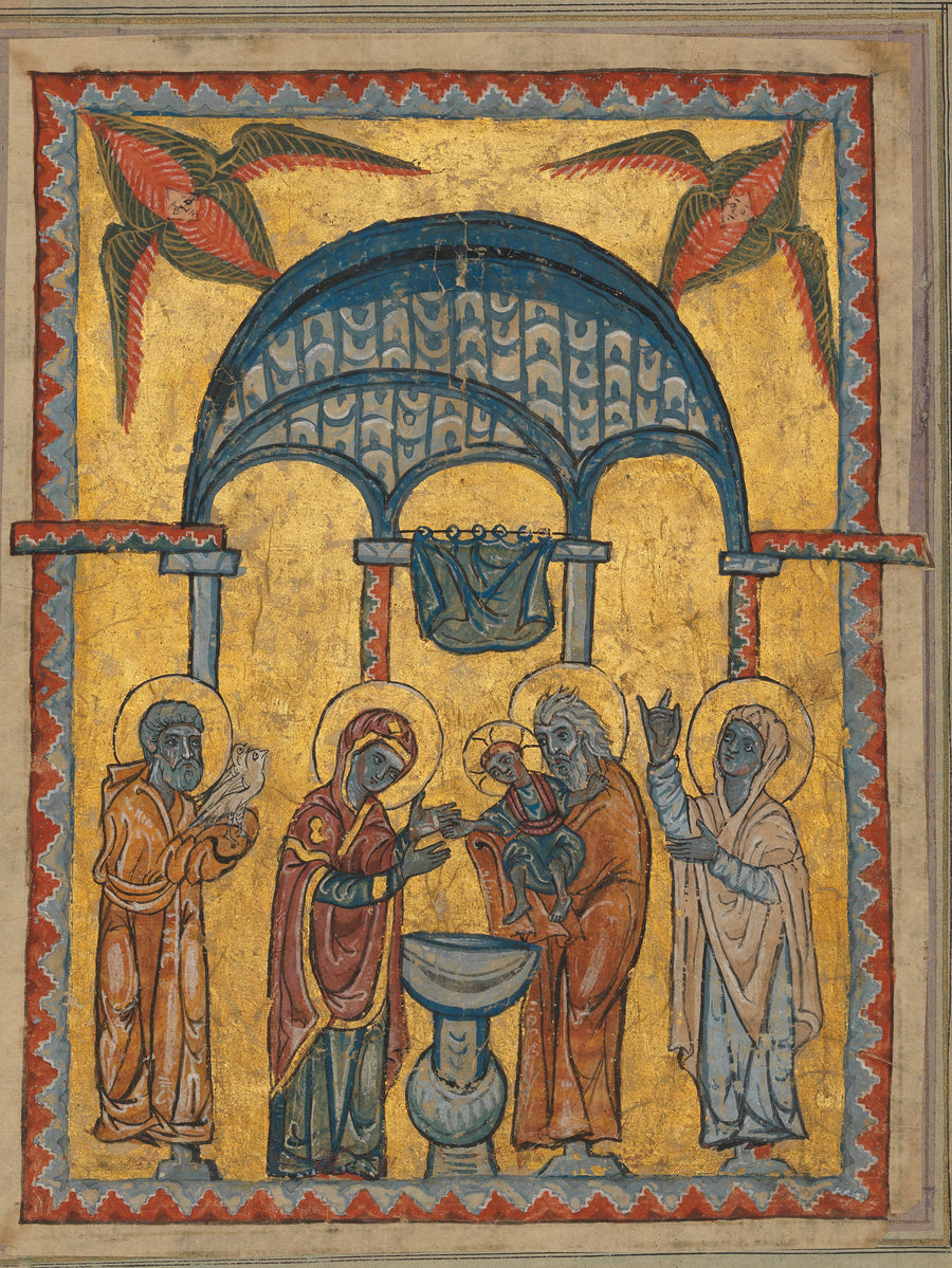 T'oros the Deacon — The Presentation | Illuminated Manuscript Print shown to scale on a wall above a sofa