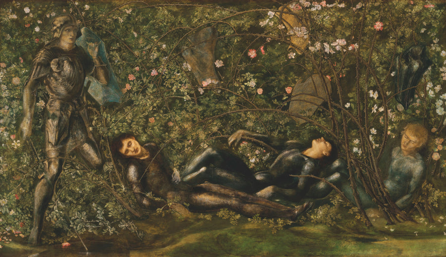 Edward Burne-Jones — The Prince Entering the Briar Wood | Pre-Raphaelite Art Print shown to scale on a wall above a sofa