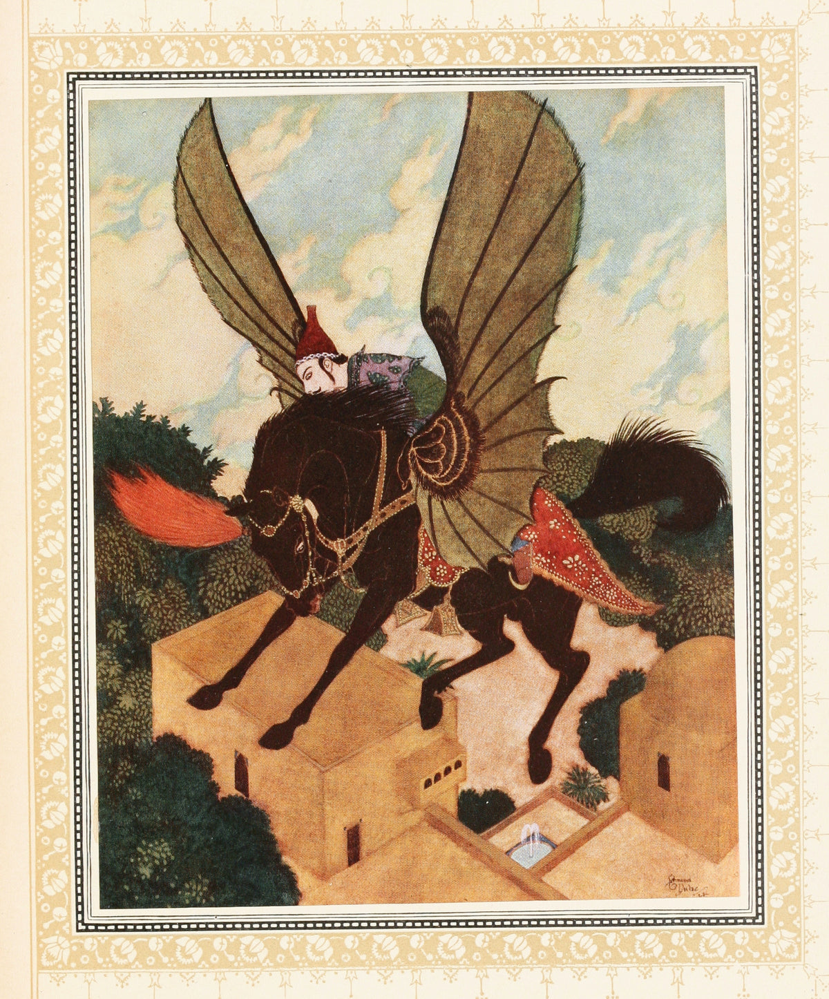 The Prince is taken back to the Golden Palace by the Magic Black Horse by Edmund Dulac — A winged black horse alights on flat rooftops