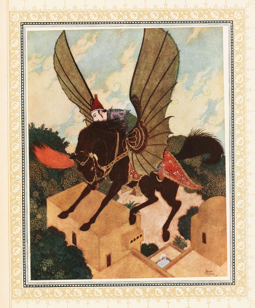 The Prince is taken back to the Golden Palace by the Magic Black Horse by Edmund Dulac — A winged black horse alights on flat rooftops