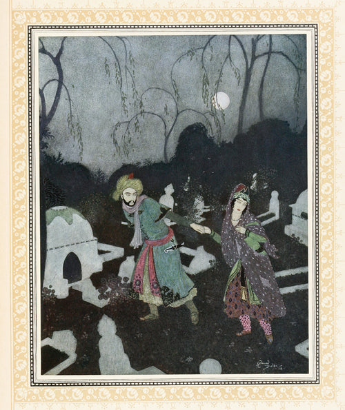 The Prince leads the Lady to the Tomb by Edmund Dulac — Two figures hurry through a moonlit graveyard