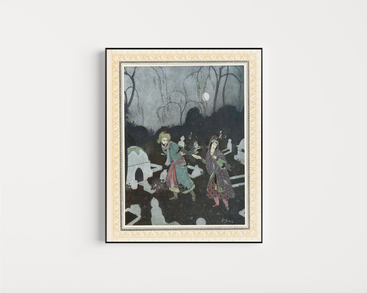 Framed art print of The Prince leads the Lady to the Tomb by Edmund Dulac, in a slim black frame on a plain white wall