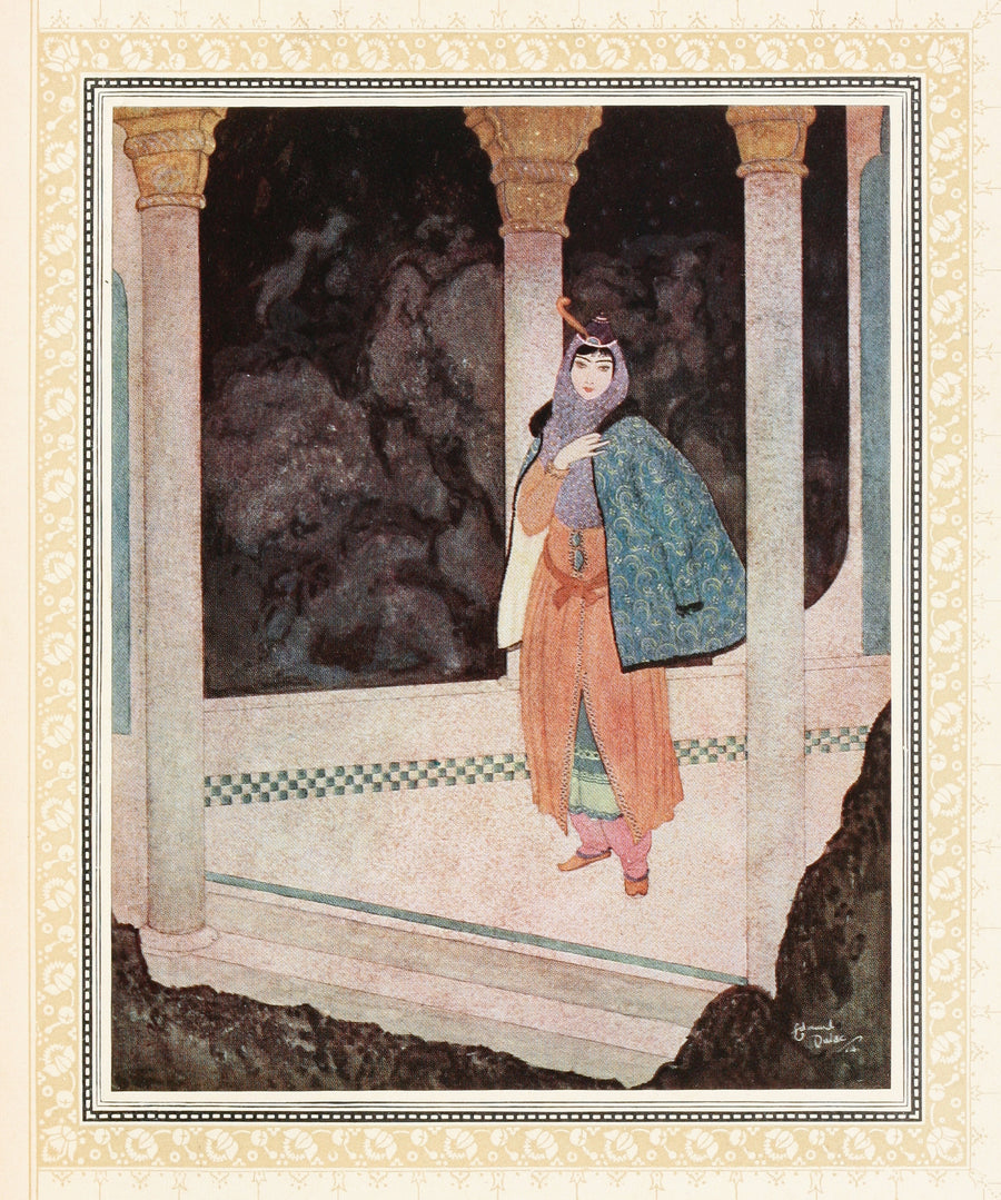 Edmund Dulac — The Prince meets a noble Lady in the Underground Palace | Fantasy Illustration Print shown to scale on a wall above a sofa