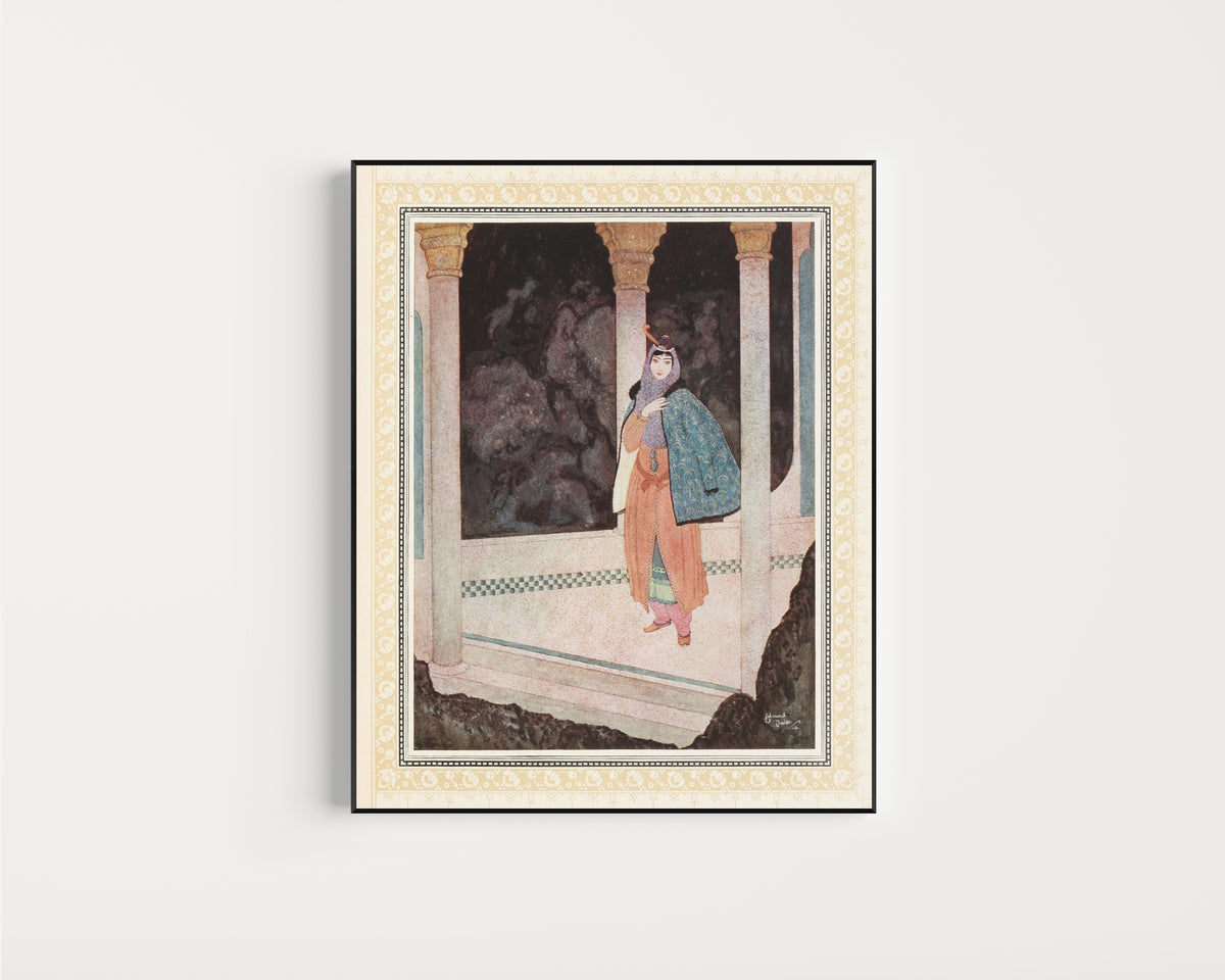 Framed art print of The Prince meets a noble Lady in the Underground Palace by Edmund Dulac, in a slim black frame on a plain white wall