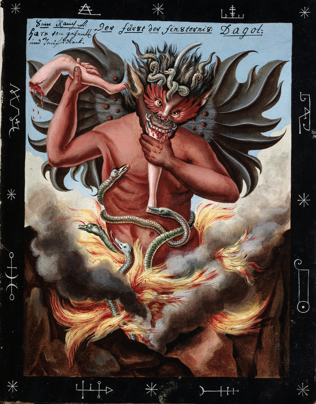 The Prince of Darkness; Dagol by Unknown artist — A red demon with bat wings rises from fire clutching a severed arm