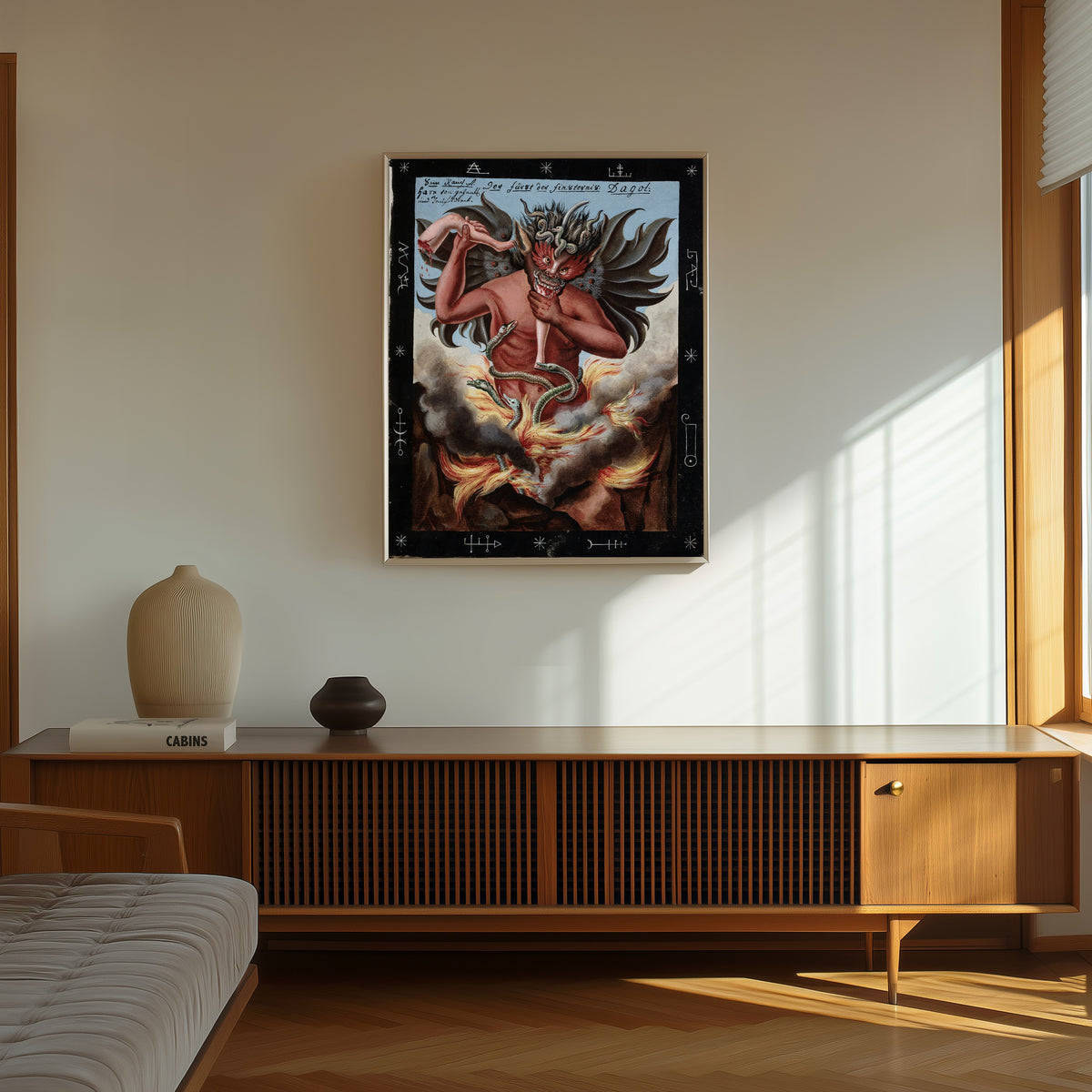 Framed art print of The Prince of Darkness; Dagol by Unknown artist, in a thin light frame on a sunlit wall above a wooden sideboard