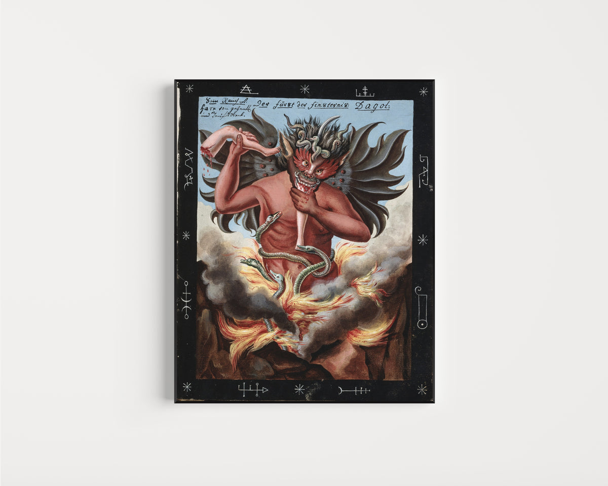 Framed art print of The Prince of Darkness; Dagol by Unknown artist, in a slim black frame on a plain white wall