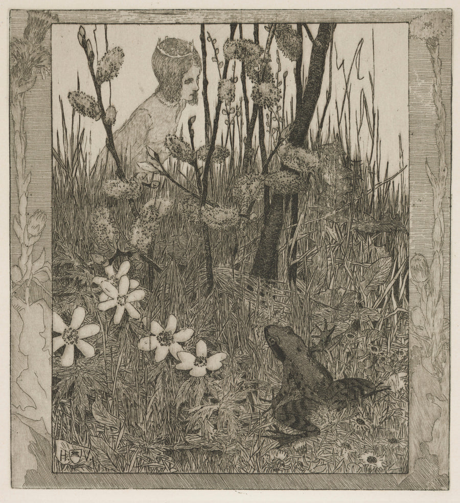 Heinrich Vogeler — The Princess and the Frog | Art Nouveau Print shown to scale on a wall above a sofa