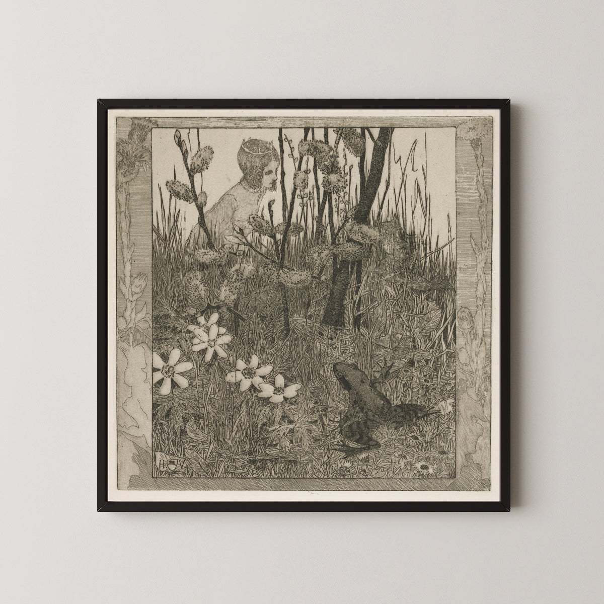 Framed art print of The Princess and the Frog by Heinrich Vogeler, in a black frame on a pale wall