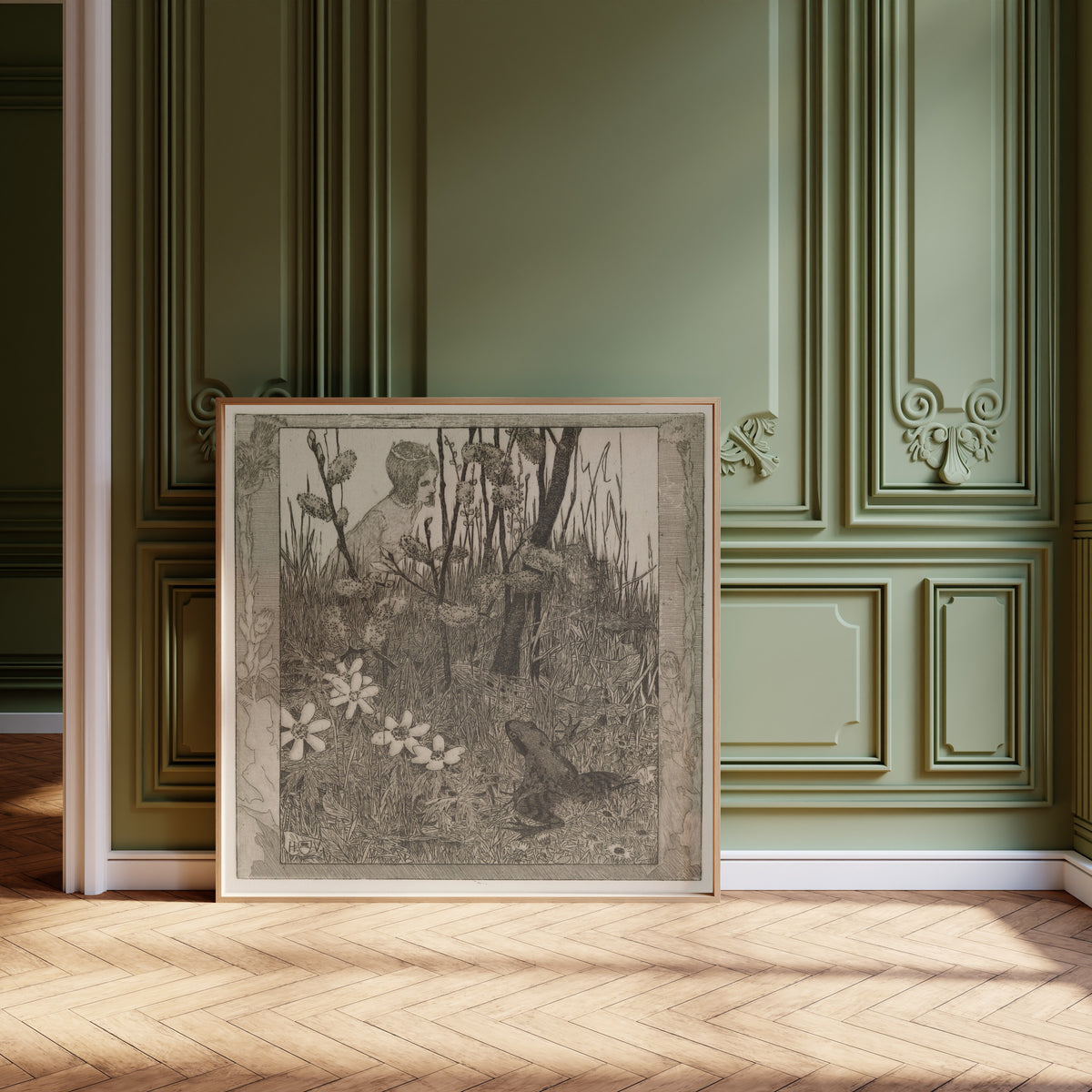 Framed art print of The Princess and the Frog by Heinrich Vogeler, leaning against olive-green panelling on a herringbone floor