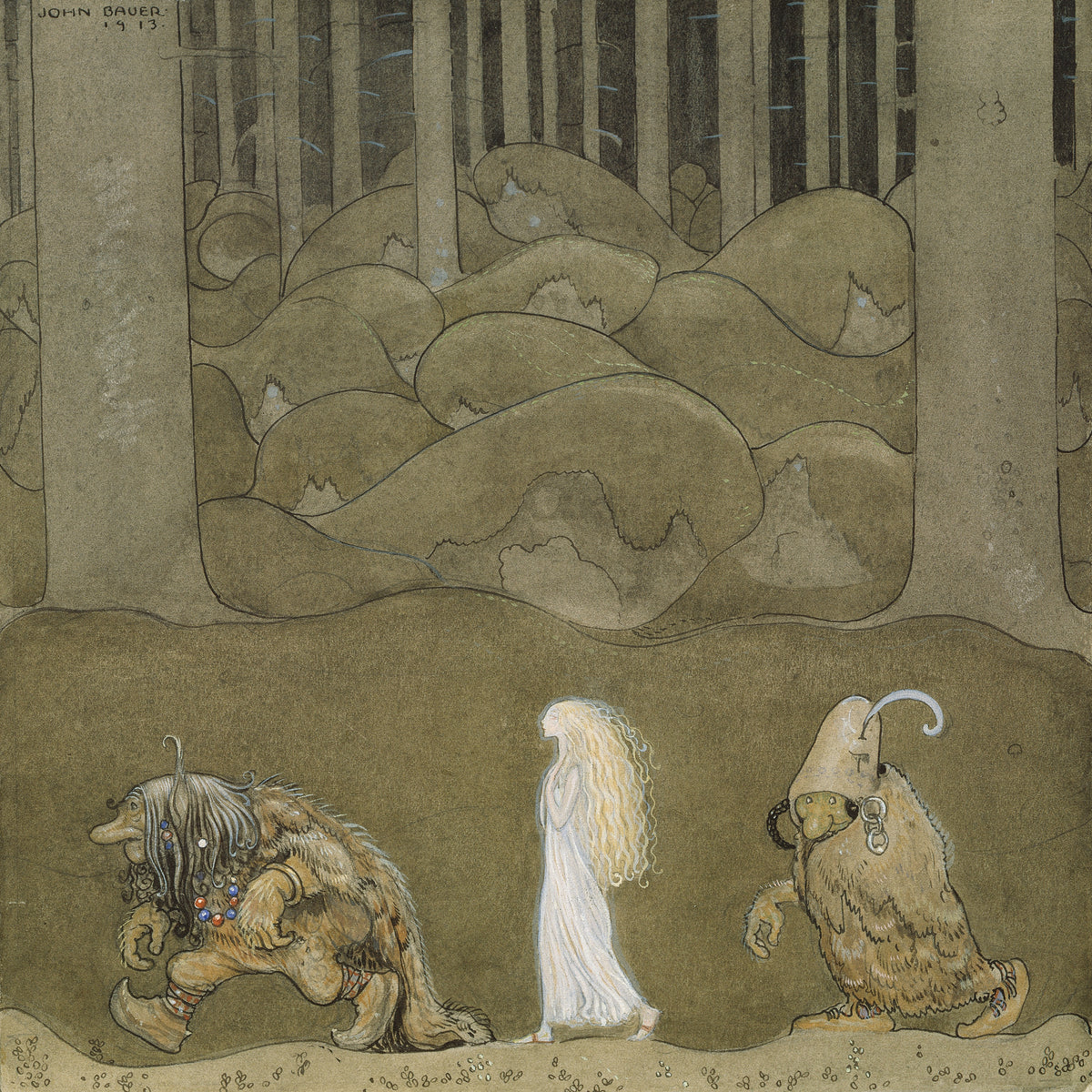 The Princess and the Trolls by John Bauer — A girl in white walks between two shaggy trolls
