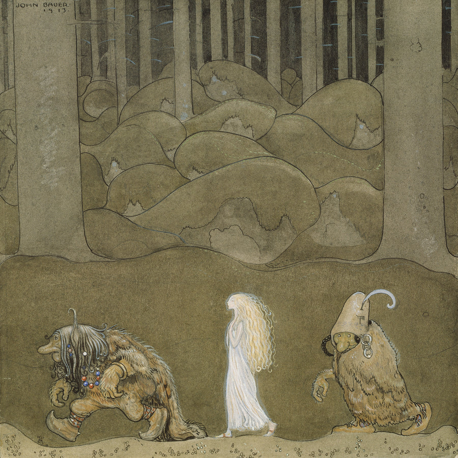 John Bauer — The Princess and the Trolls | Fantasy Illustration Print shown to scale on a wall above a sofa