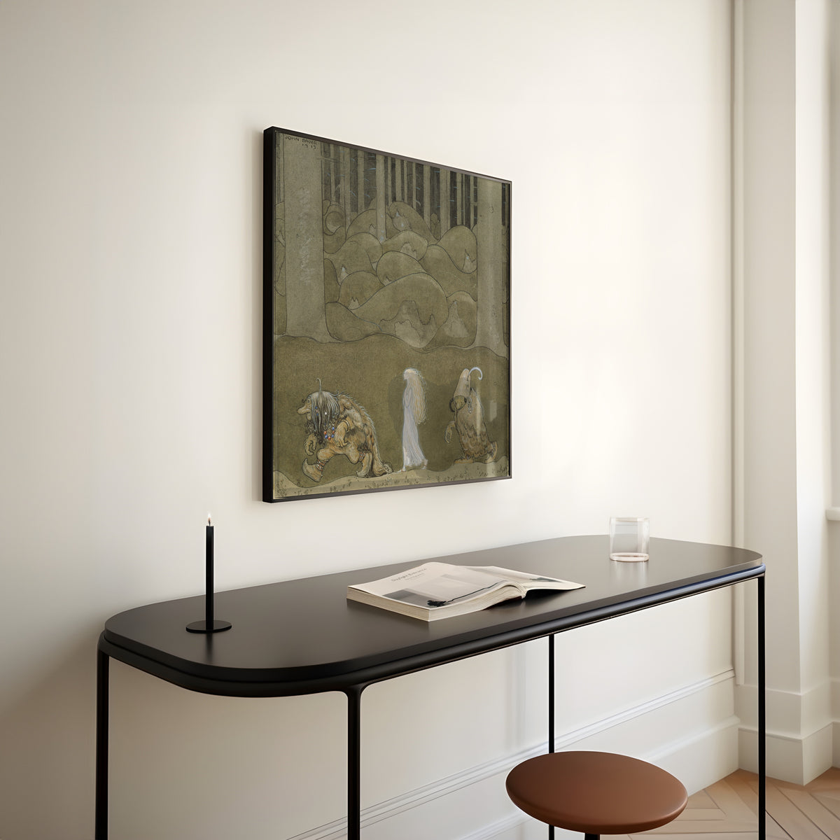 Framed art print of The Princess and the Trolls by John Bauer, above a slim black console table